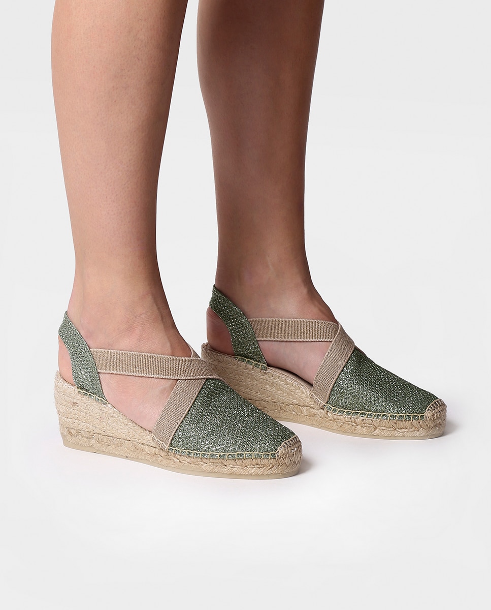 Alpargatas de cuña de mujer de tejido brillante con elásticos - Toni Pons - Kaki Kaki-4