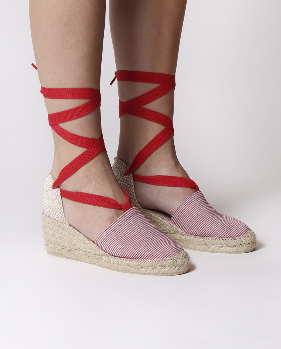 Alpargatas de cuña de mujer de tejido a rayas con cintas - Toni Pons - Rojo Rojo-4