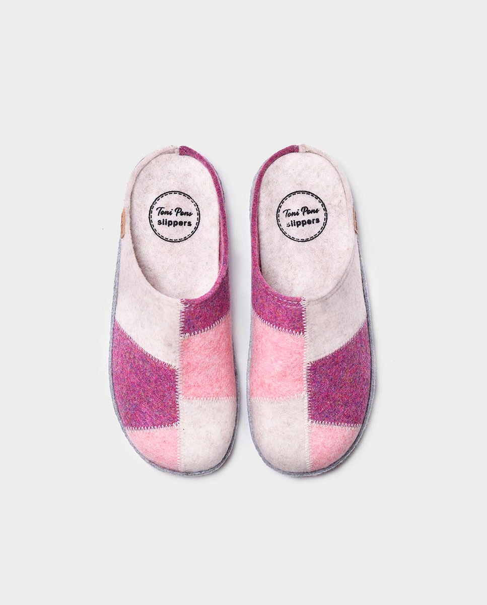 Zapatillas de casa cerradas de mujer de fieltro reciclado efecto patchwork - Toni Pons - Rosa Rosa-3