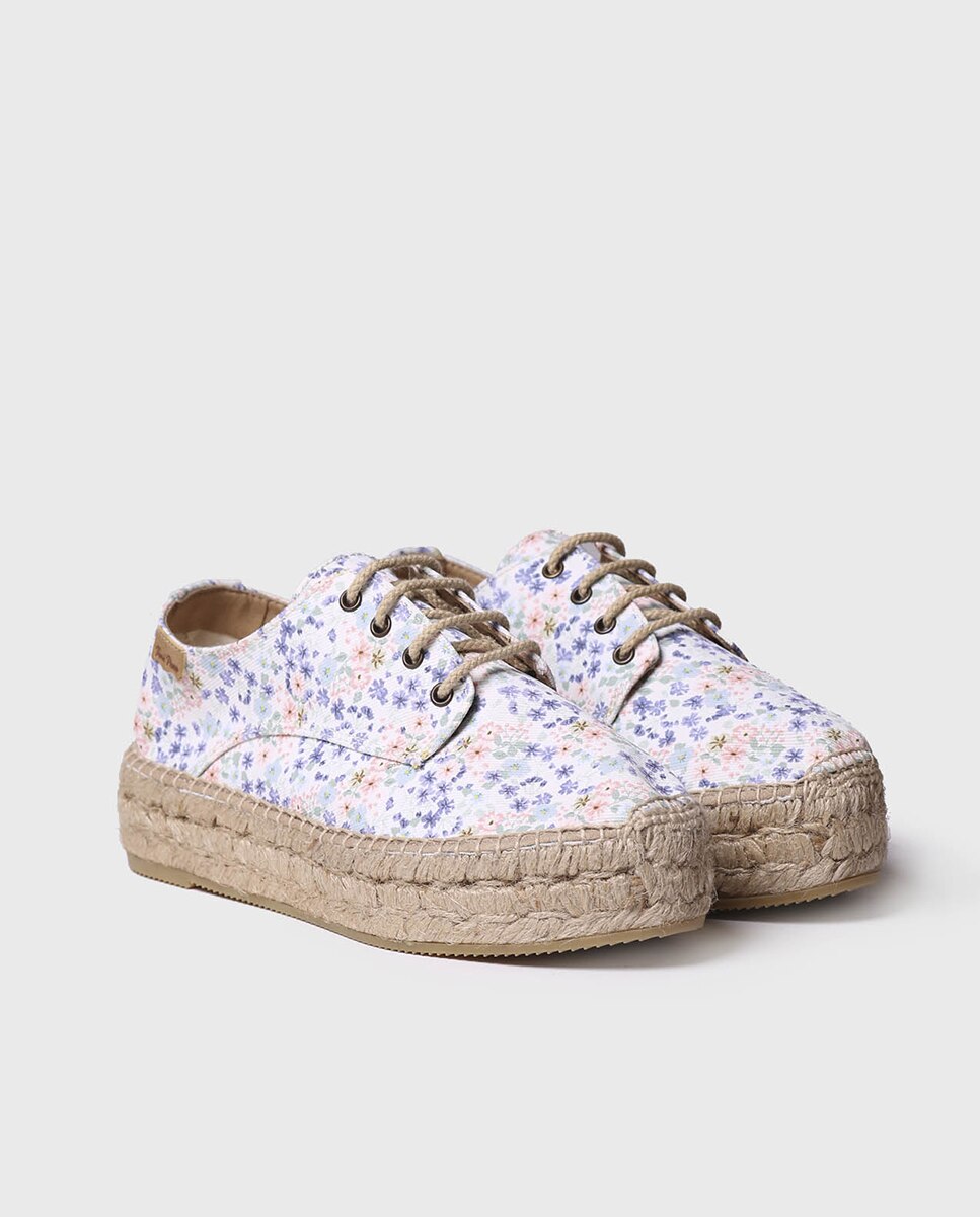 Alpargatas de plataforma de mujer de tejido en estampado floral con cordones - Toni Pons - Crudo Crudo-3