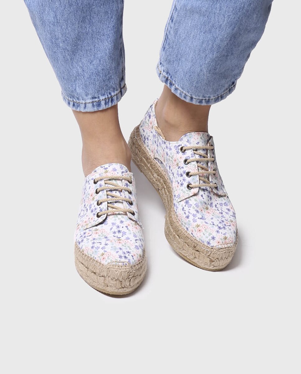 Alpargatas de plataforma de mujer de tejido en estampado floral con cordones - Toni Pons - Crudo Crudo-2