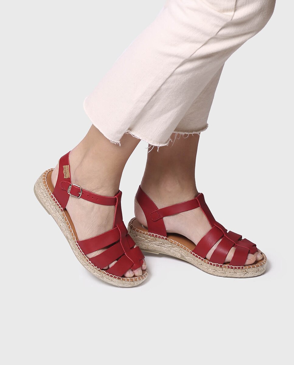 Imagen 2 de Sandalias planas de mujer de piel con hebilla - Rojo Rojo