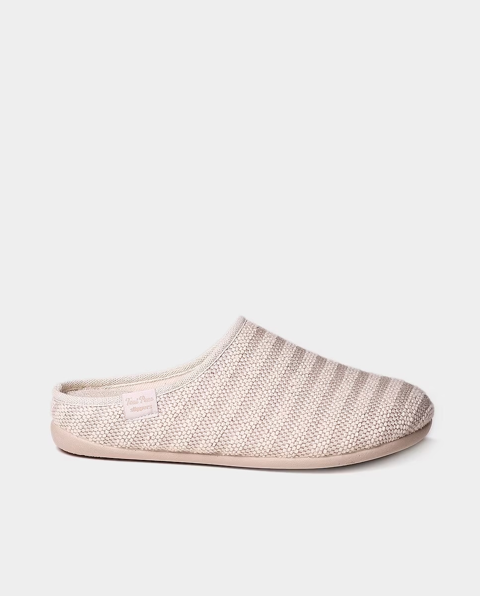 Imagen 0 de Zapatillas de casa abiertas de mujer de tejido a rayas Marrón