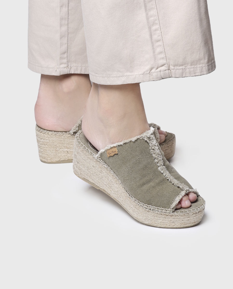 Alpargatas de cuña de mujer abierta de tejido de tonos lisos - Toni Pons - Kaki Kaki-4