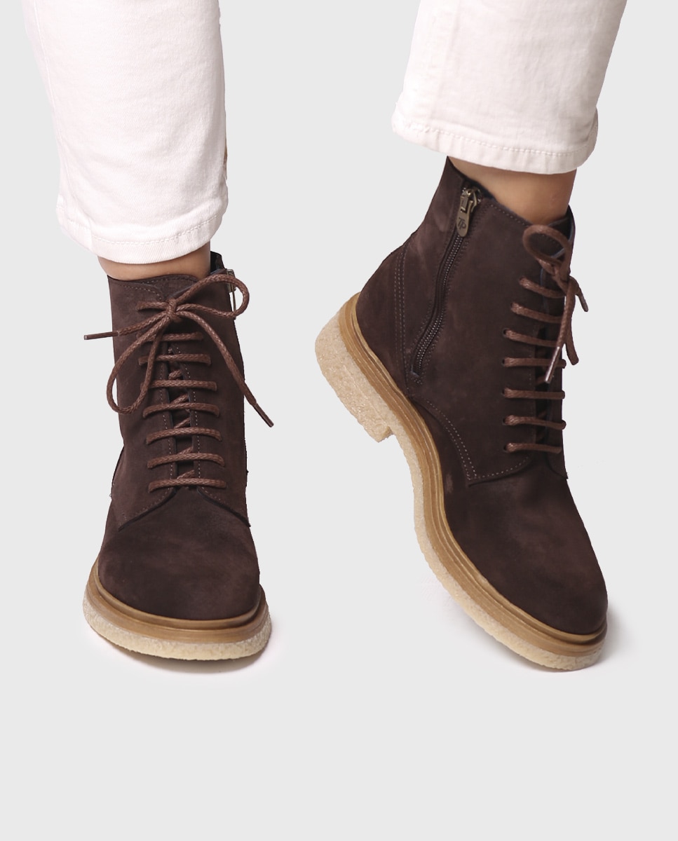 Botines de mujer de serraje con cordones y cremallera - Toni Pons - Marrón Marrón-4