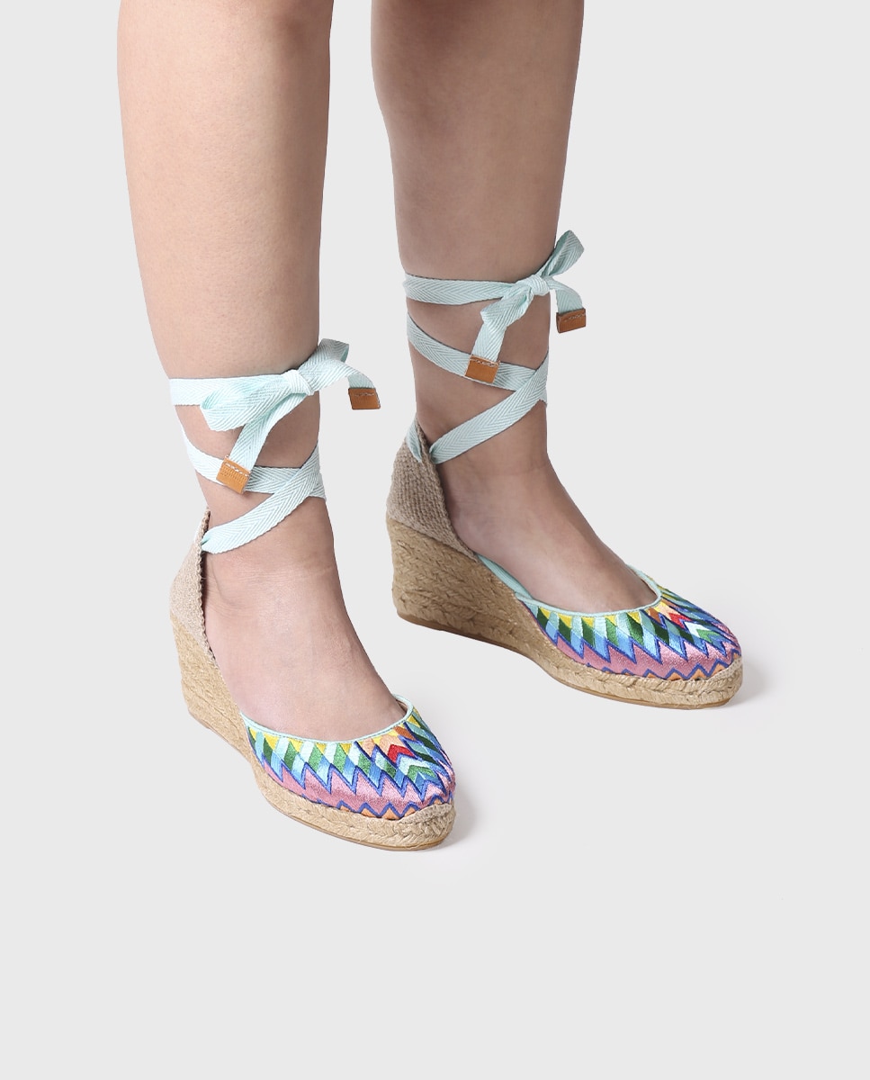 Alpargatas de cuña de mujer de tejido estampado con cintas - Toni Pons - Azul Azul-4