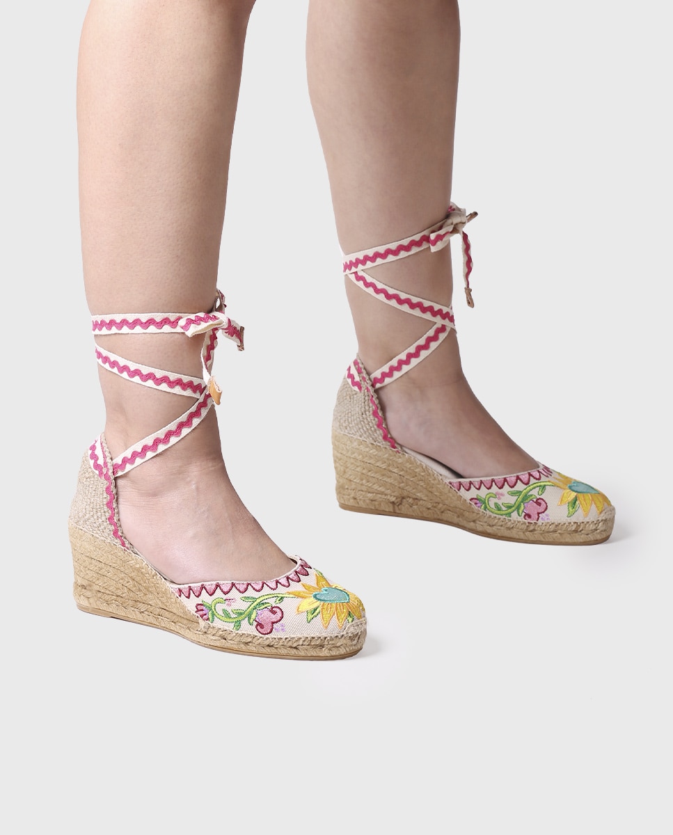Alpargatas de cuña de mujer de tejido estampado con cintas - Toni Pons - Crudo Crudo-4