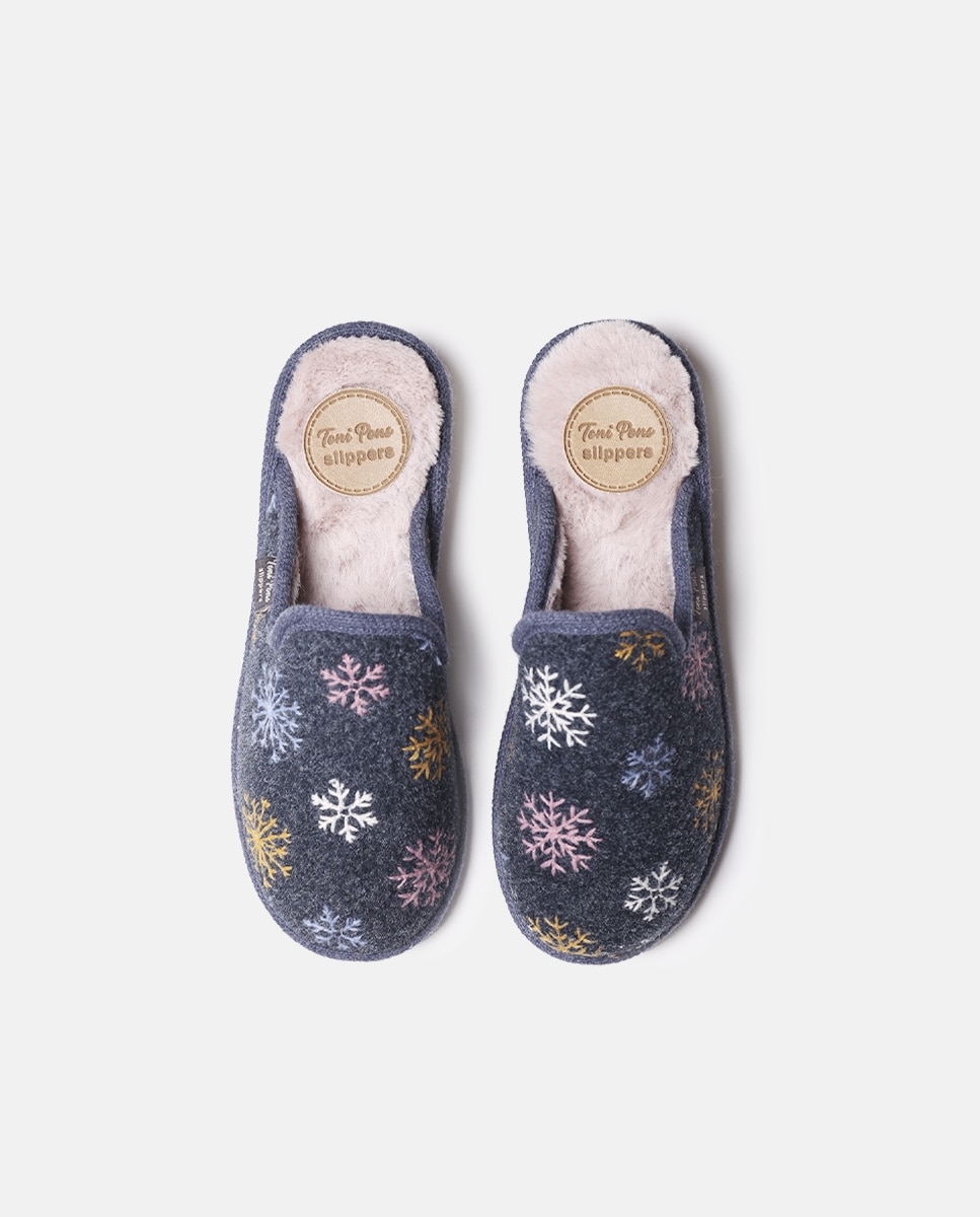 Zapatillas de casa cerradas de mujer de tejido con bordados - Toni Pons - Crudo Azul marino-3
