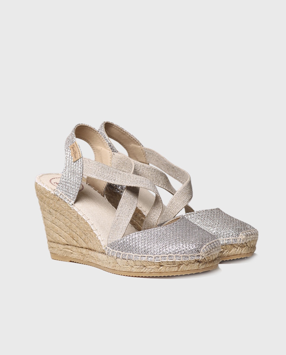 Sandalias de cuña de mujer de tejido brillante con elásticos - Toni Pons - Oro Oro-2