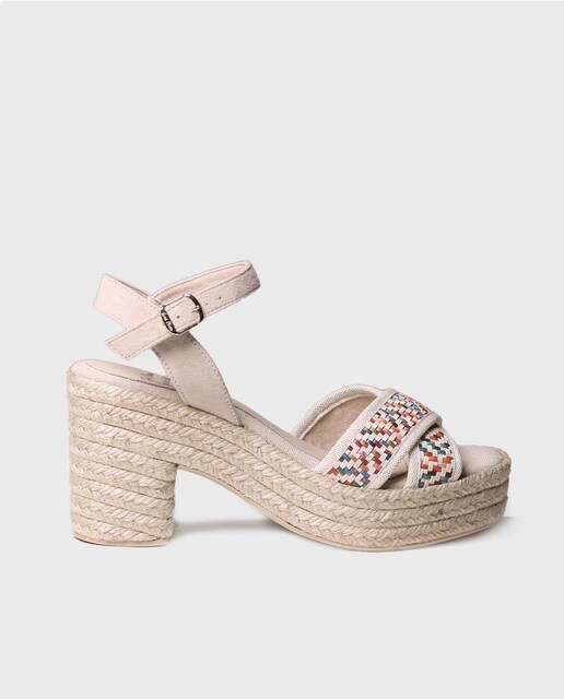 Imagen 0 de Sandalias de tacón de mujer de tejido estampado con hebilla