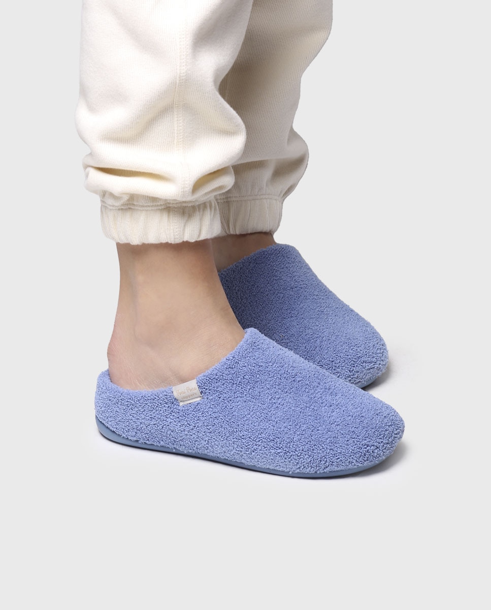 Zapatillas de casa abiertas de mujer de tejido de toalla en tonos lisos - Toni Pons - Azul Azul-4