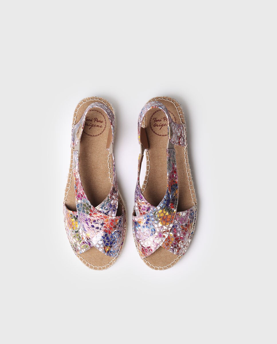 Alpargatas de cuña de mujer de piel con estampado de flores y elásticos - Toni Pons - Multicolor Multicolor-3