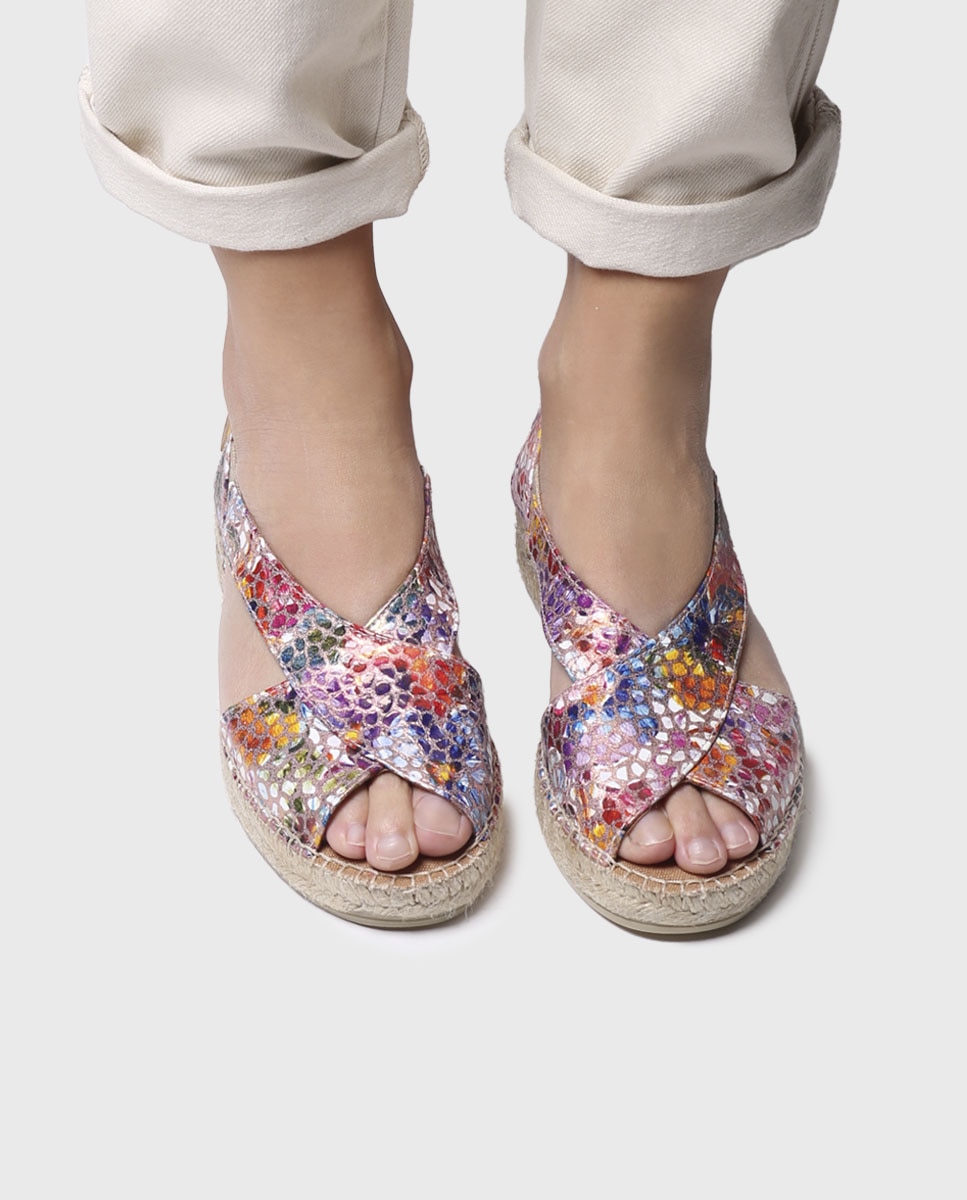 Alpargatas de cuña de mujer de piel con estampado de flores y elásticos - Toni Pons - Multicolor Multicolor-4