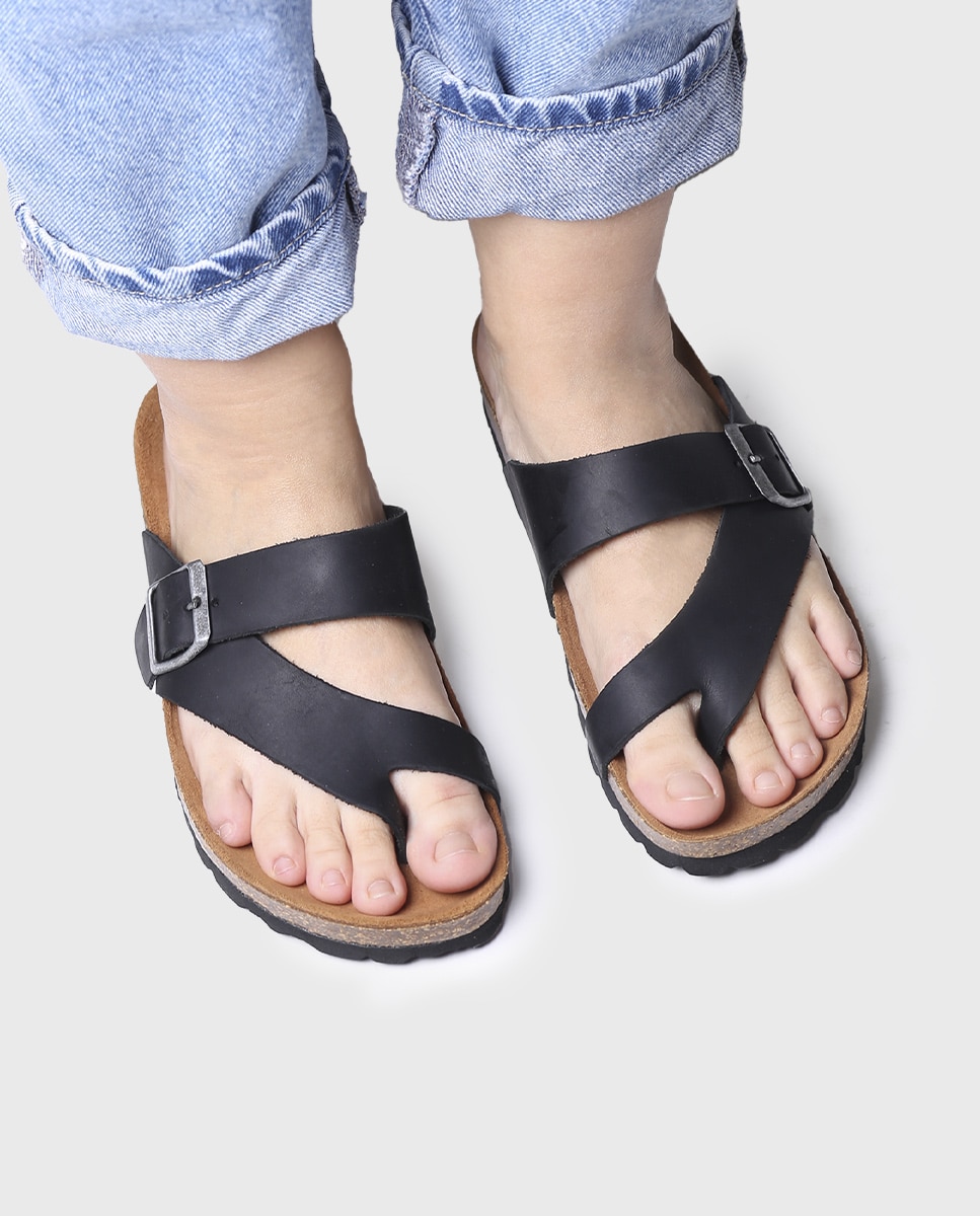 Sandalias planas de mujer de piel abiertas en tonos lisos - Toni Pons - Negro Negro-4
