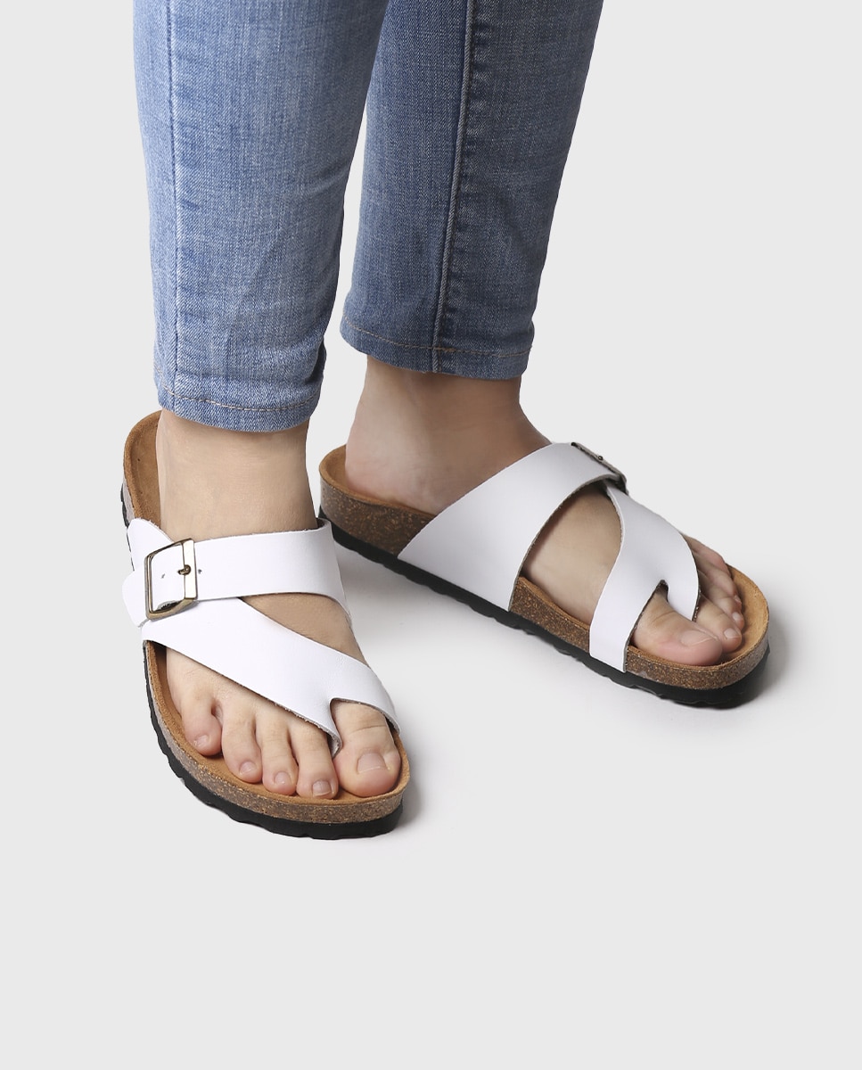 Sandalias planas de mujer de piel abiertas en tonos lisos - Toni Pons - Blanco Blanco-4