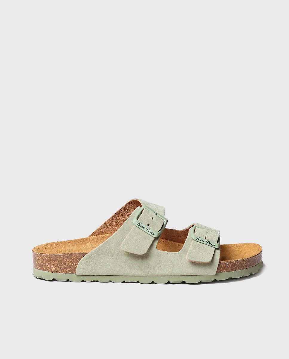 Sandalias planas de mujer de serraje con hebillas - Toni Pons - Verde Verde-1