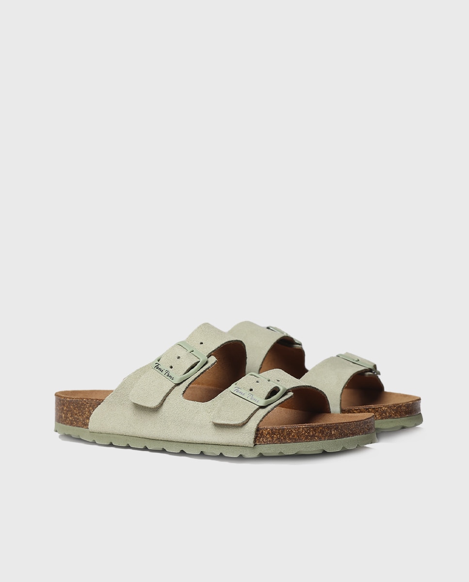 Sandalias planas de mujer de serraje con hebillas - Toni Pons - Verde Verde-2