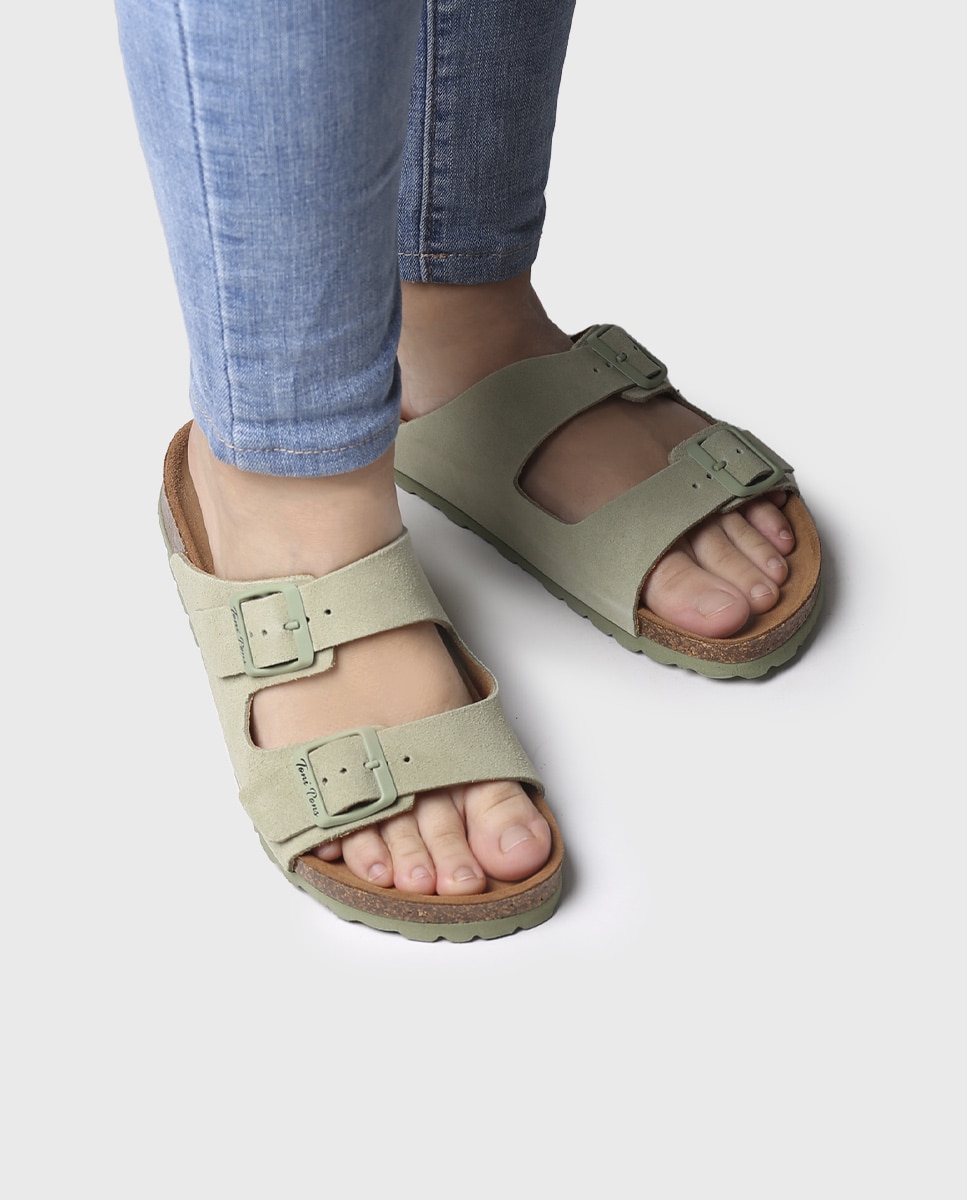 Sandalias planas de mujer de serraje con hebillas - Toni Pons - Verde Verde-4