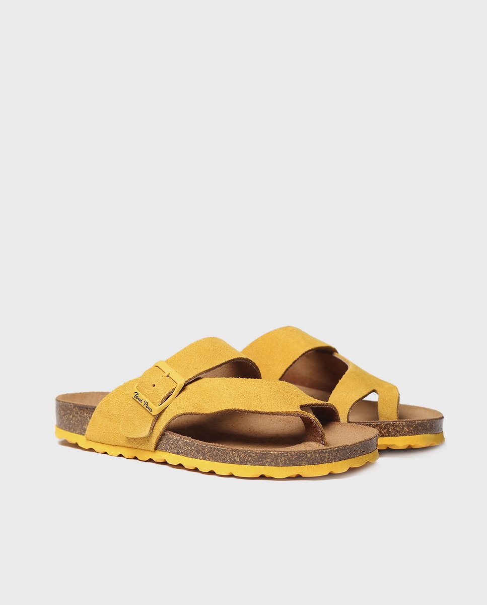 Sandalias planas de mujer de serraje con hebilla - Toni Pons - Amarillo Amarillo-2