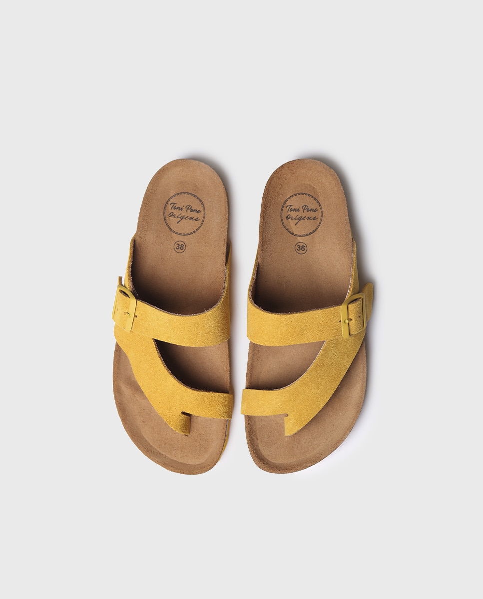 Sandalias planas de mujer de serraje con hebilla - Toni Pons - Amarillo Amarillo-3