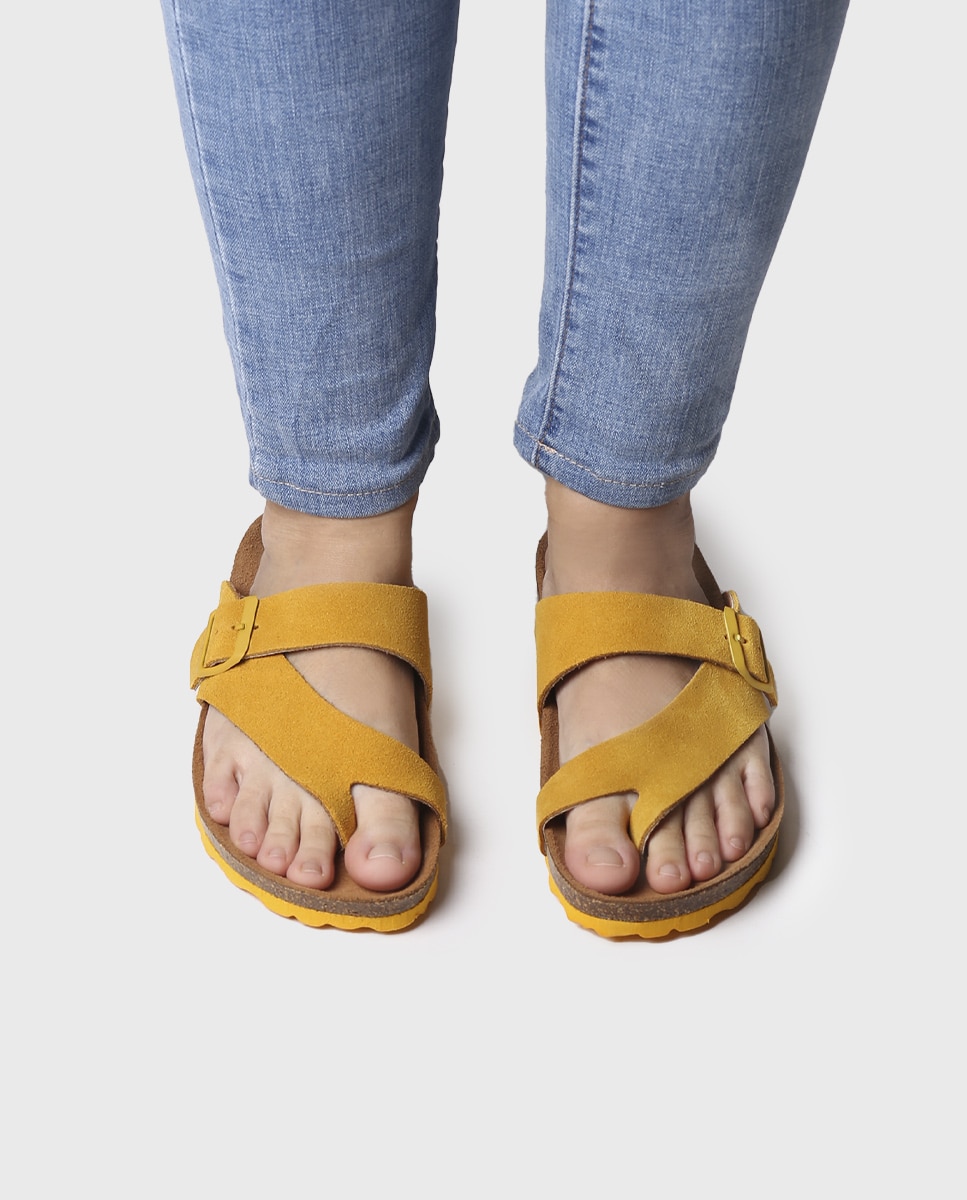 Sandalias planas de mujer de serraje con hebilla - Toni Pons - Amarillo Amarillo-4