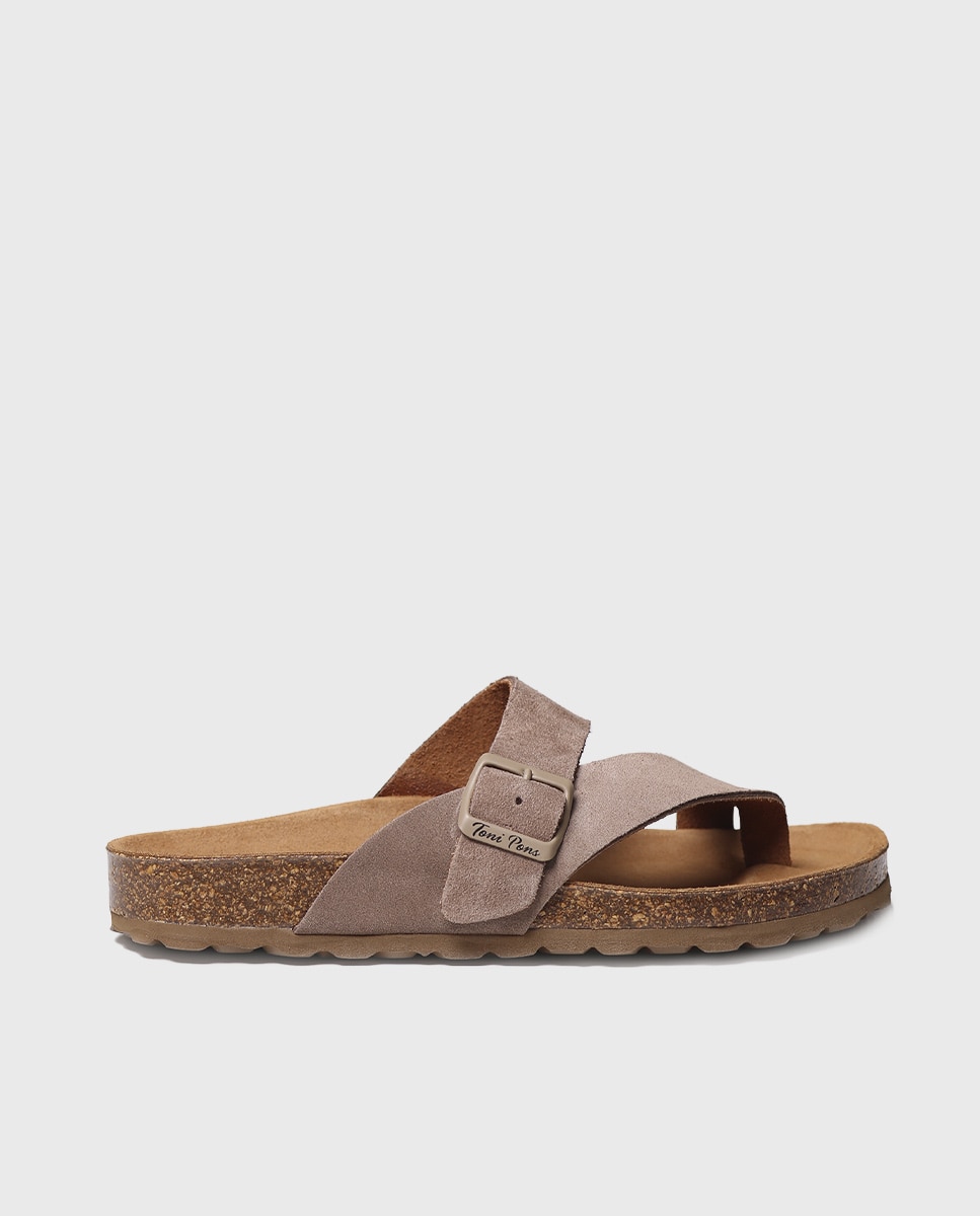 Sandalias planas de mujer de serraje con hebilla - Toni Pons - Marrón Marrón-1