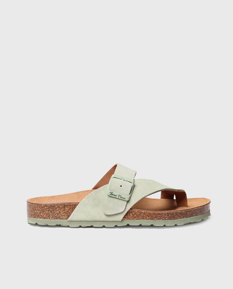 Sandalias planas de mujer de serraje con hebilla - Toni Pons - Verde Verde-1