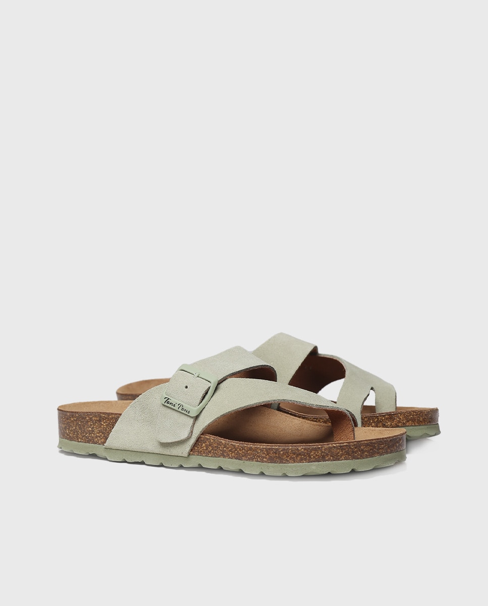 Sandalias planas de mujer de serraje con hebilla - Toni Pons - Verde Verde-2