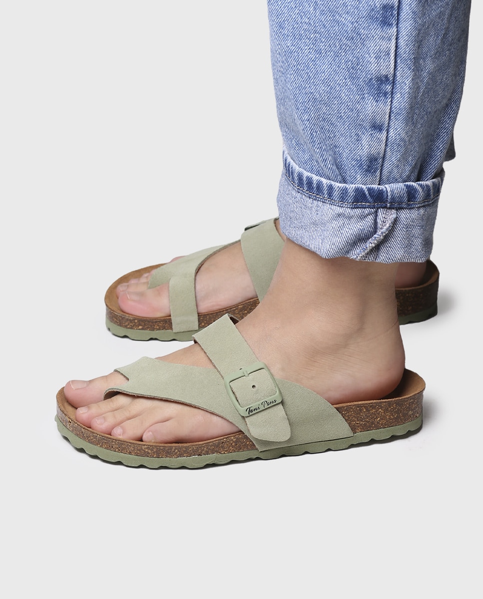 Sandalias planas de mujer de serraje con hebilla - Toni Pons - Verde Verde-4