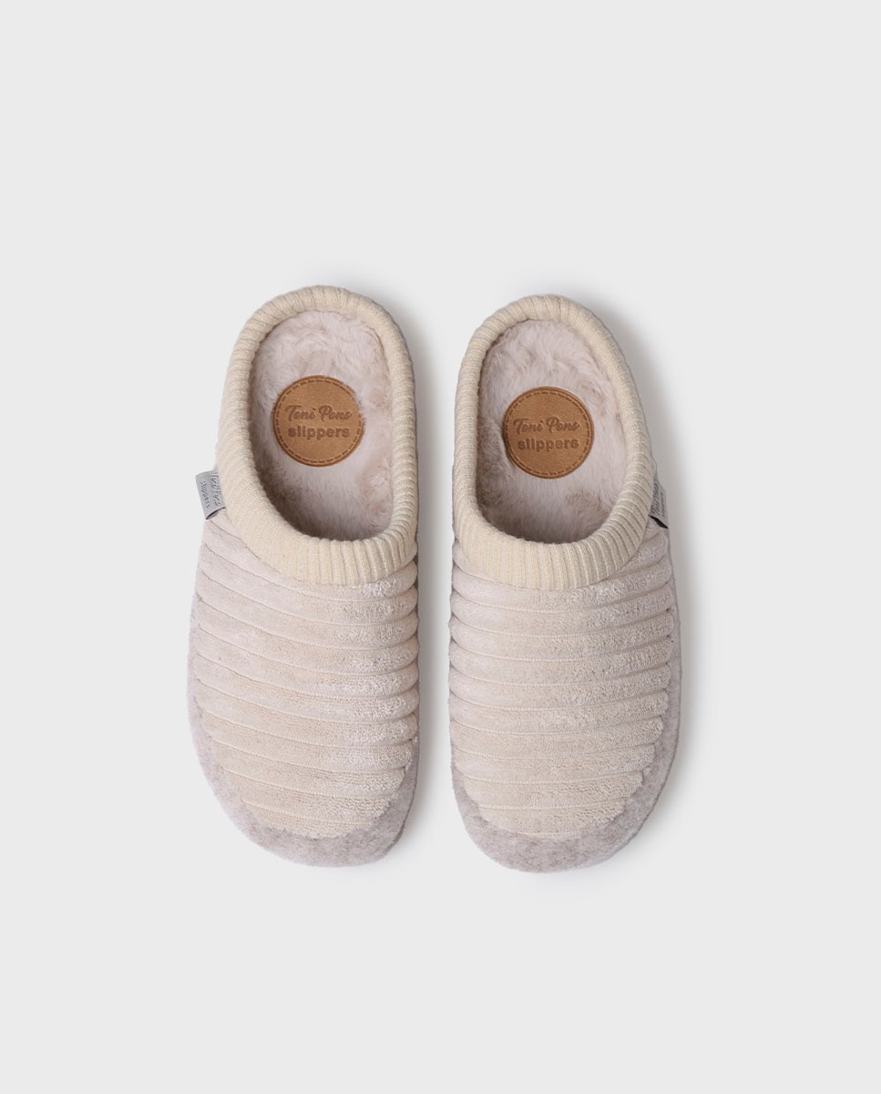 Zapatillas de casa abiertas de mujer de tejido con suela antideslizante - Toni Pons - Crudo Crudo-3