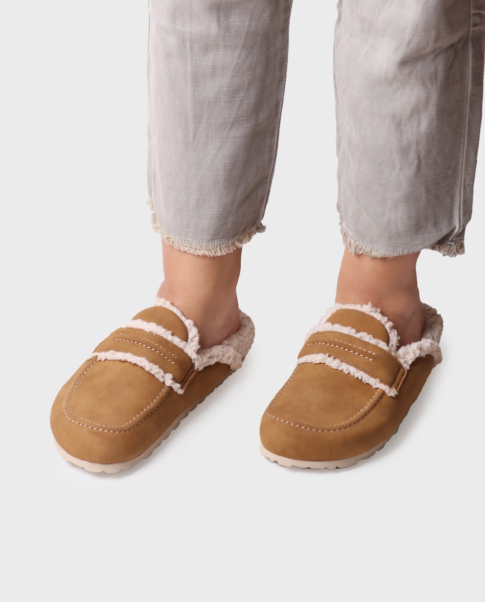 Zapatillas de casa abiertas de mujer de tejido con suela antideslizante - Toni Pons - Marrón Marrón-4