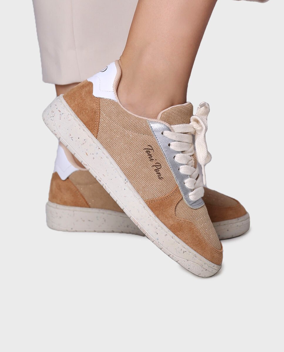 Zapatillas de piel de mujer con tejido combinado - Toni Pons - Marrón Marrón-2