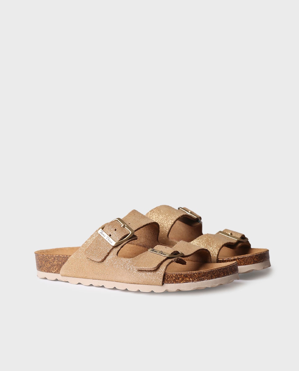 Sandalias planas de mujer de serraje con hebillas - Toni Pons - Dorado Dorado-4