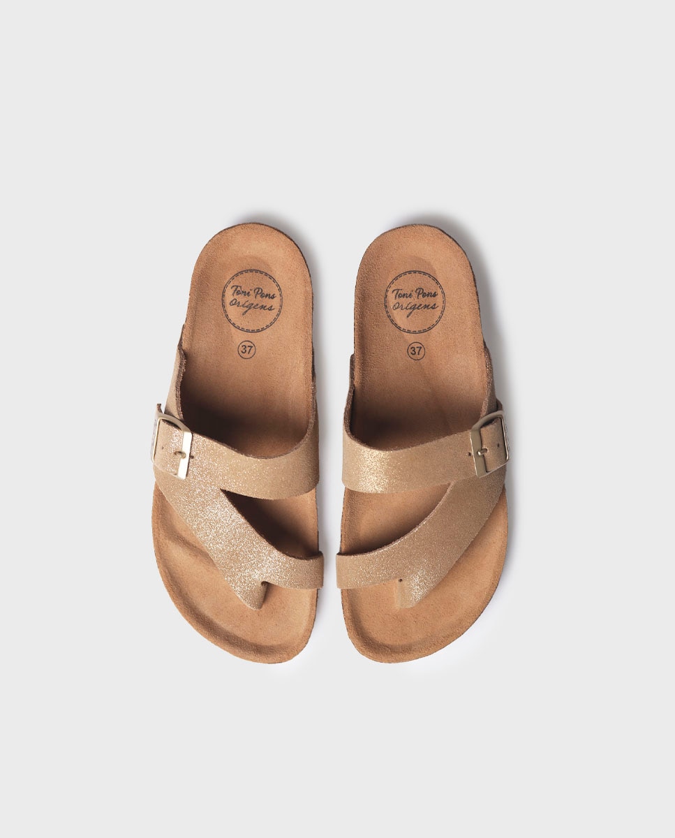 Sandalias planas de mujer de serraje con hebilla - Toni Pons - Oro Oro-3