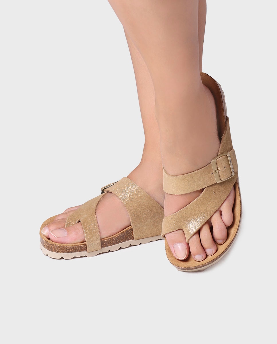 Sandalias planas de mujer de serraje con hebilla - Toni Pons - Oro Oro-2