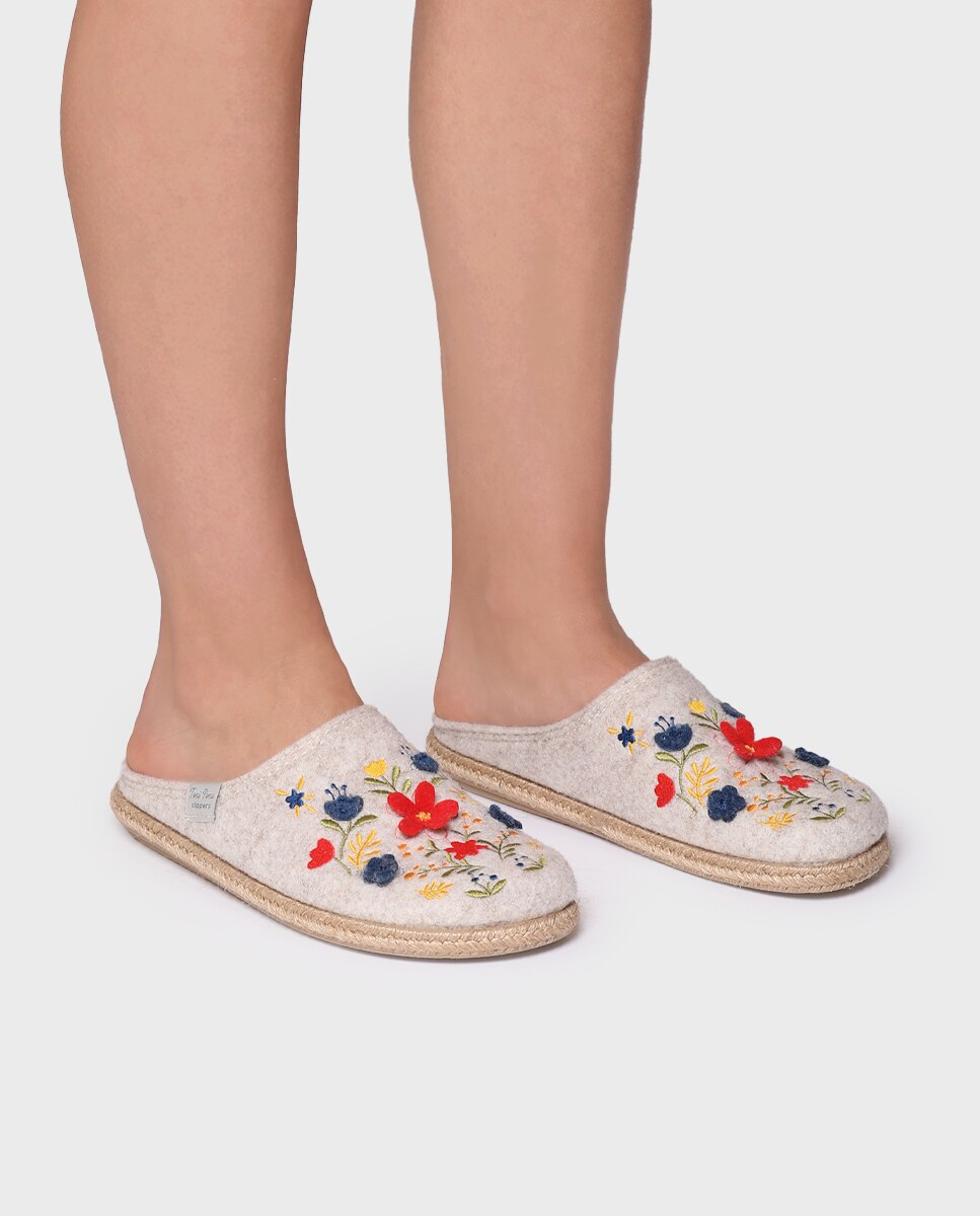 Zapatillas de casa abiertas de mujer con bordado - Toni Pons - Crudo Crudo-4