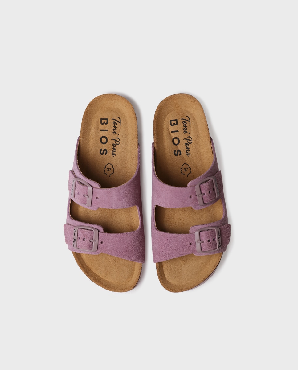 Sandalias planas de mujer de serraje con hebillas - Toni Pons - Morado Morado-2