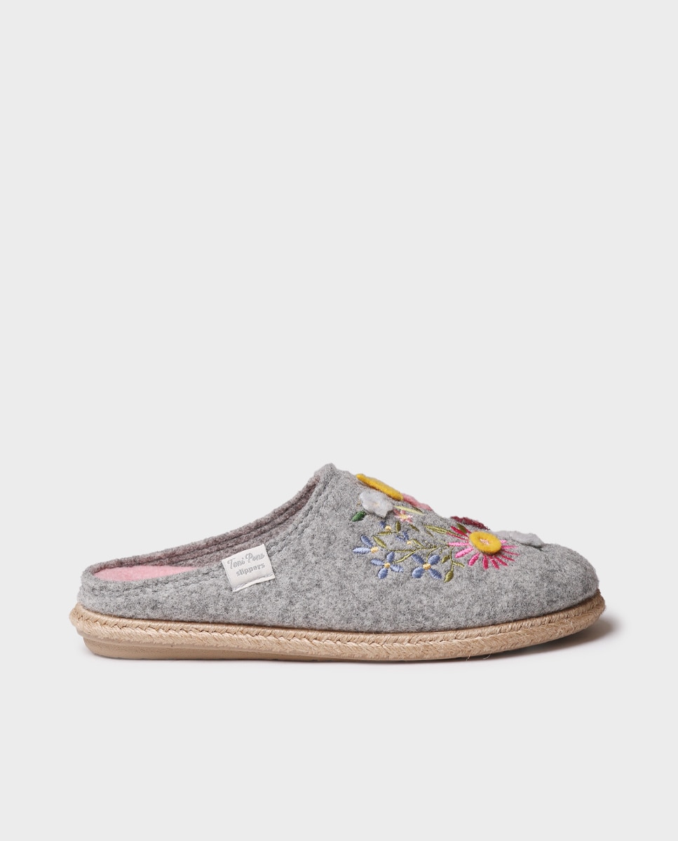 Zapatillas de casa abiertas de mujer con bordado - Toni Pons - Gris Gris-1