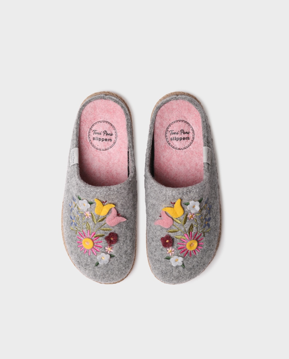 Zapatillas de casa abiertas de mujer con bordado - Toni Pons - Gris Gris-3