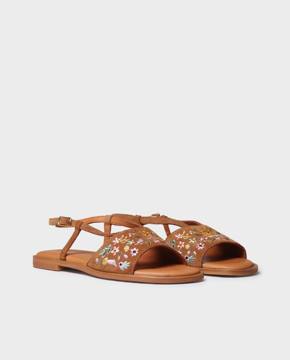 Sandalias planas de mujer de serraje con estampado - Toni Pons - Marrón Marrón-3
