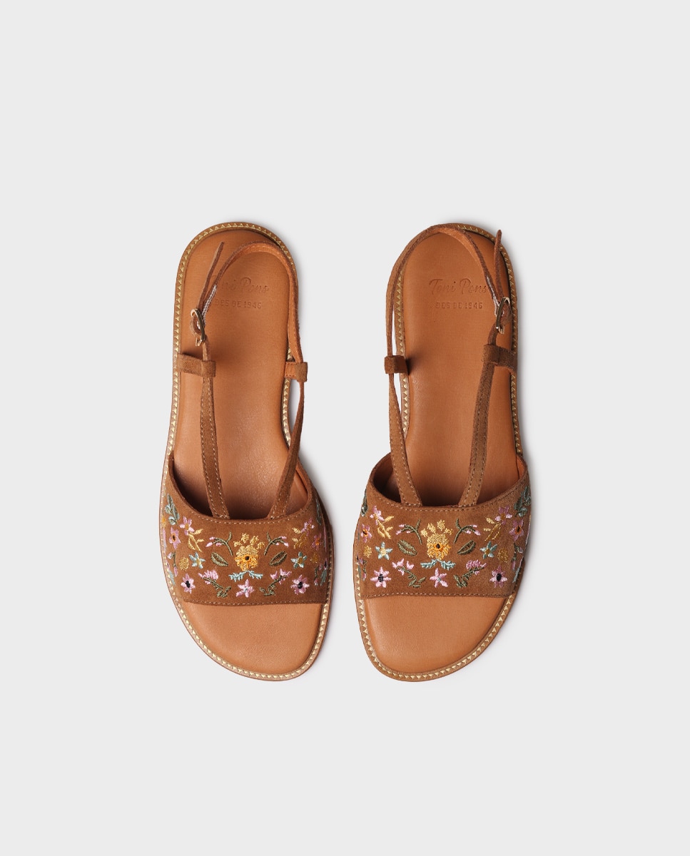 Sandalias planas de mujer de serraje con estampado - Toni Pons - Marrón Marrón-2