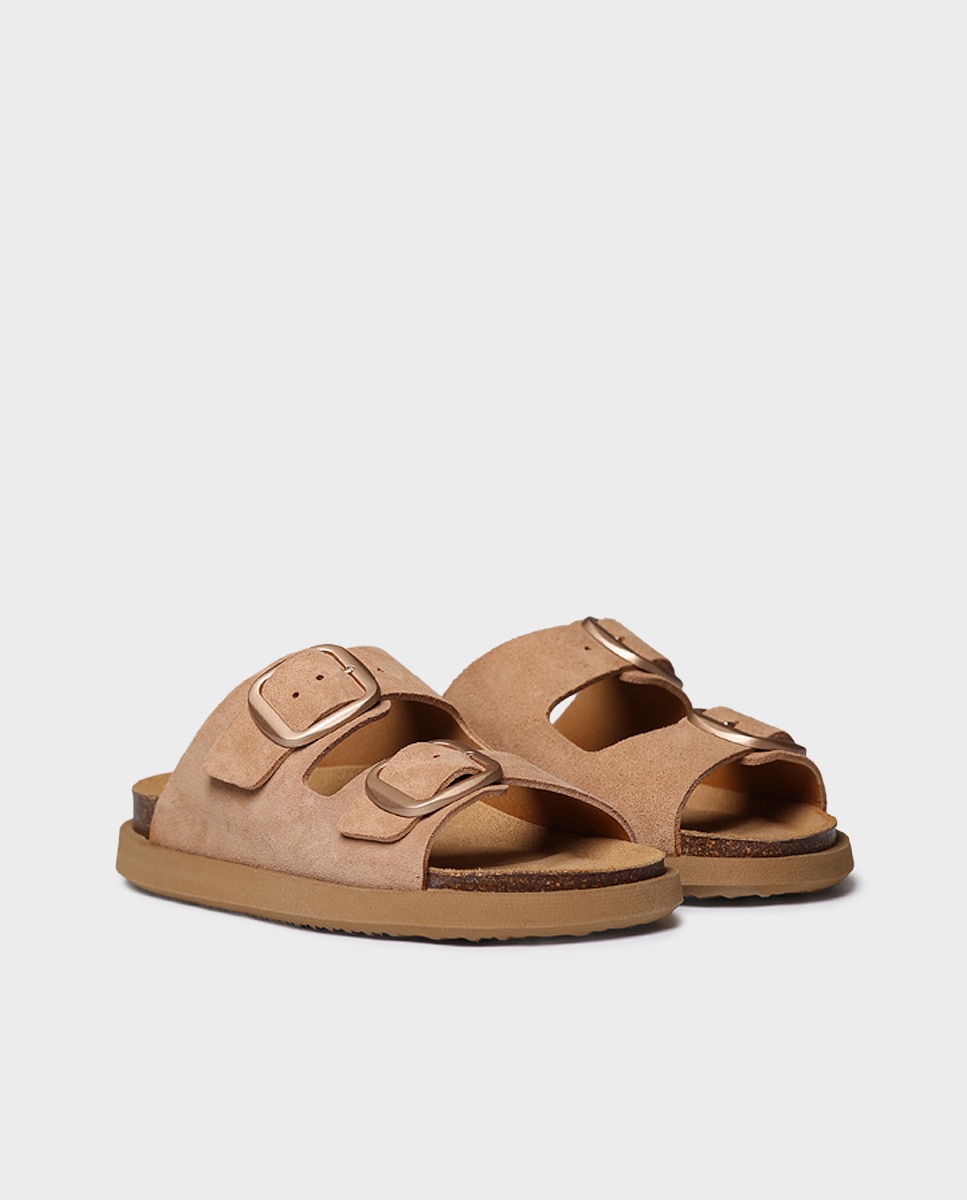 Sandalias planas de mujer de serraje con hebillas - Toni Pons - Marrón Marrón-4