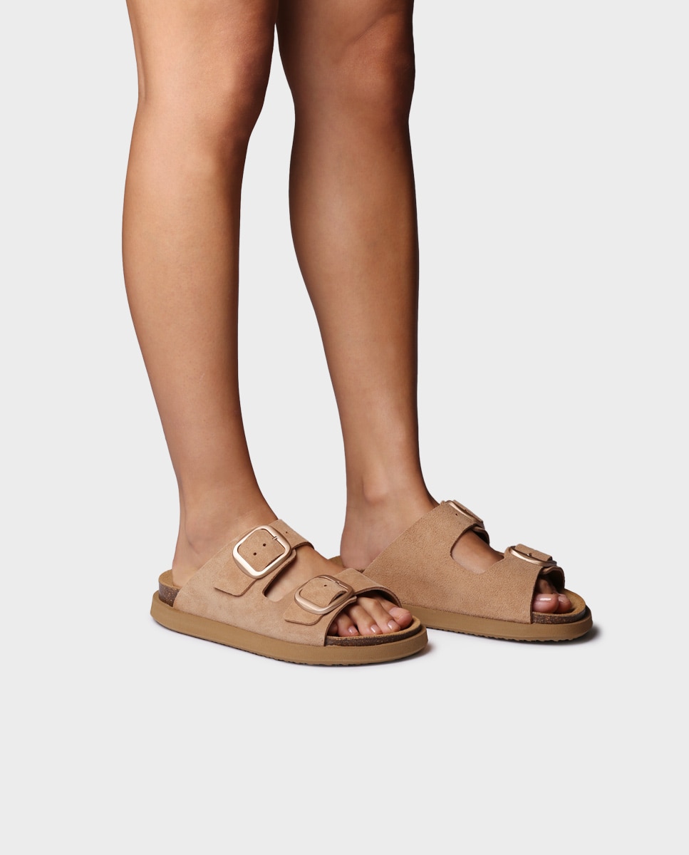 Sandalias planas de mujer de serraje con hebillas - Toni Pons - Marrón Marrón-2