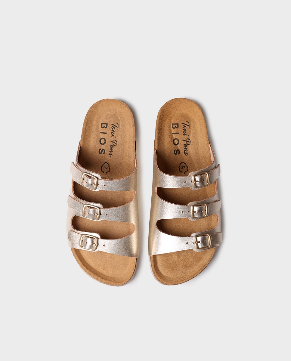 Sandalias planas de mujer de piel con hebillas - Toni Pons - Oro Oro-3