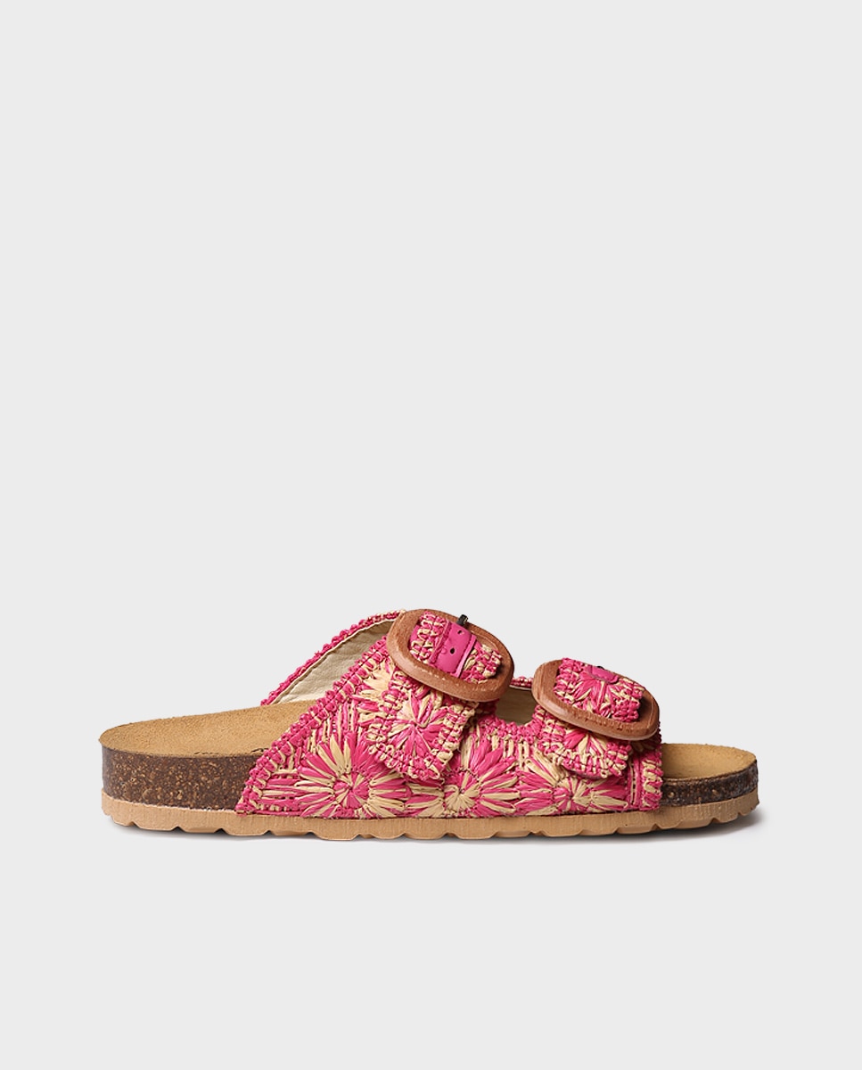 Sandalias planas de mujer de rafia con hebillas - Toni Pons - Rosa Rosa-1
