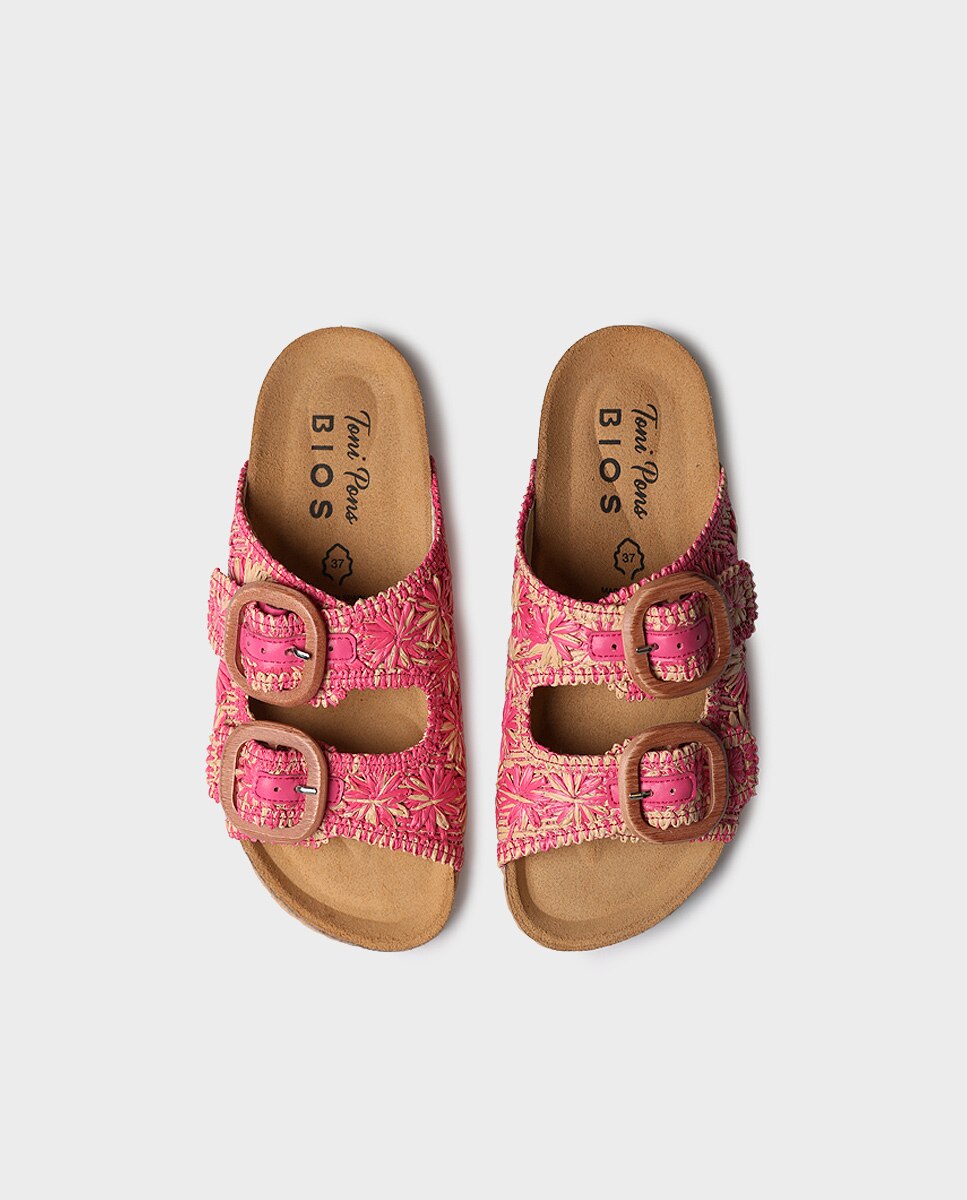 Sandalias planas de mujer de rafia con hebillas - Toni Pons - Rosa Rosa-3