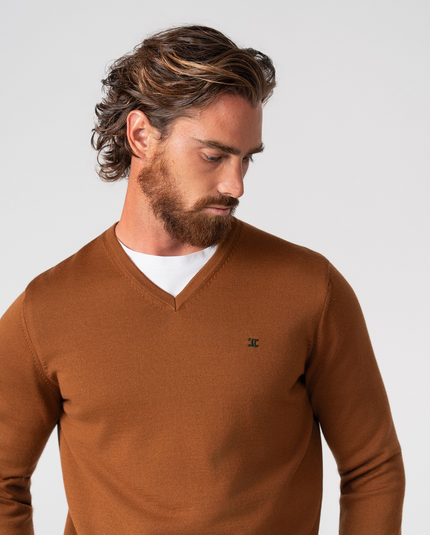 Jersey de hombre de cuello pico en punto tricot - Etiem - Marrón Marrón-2