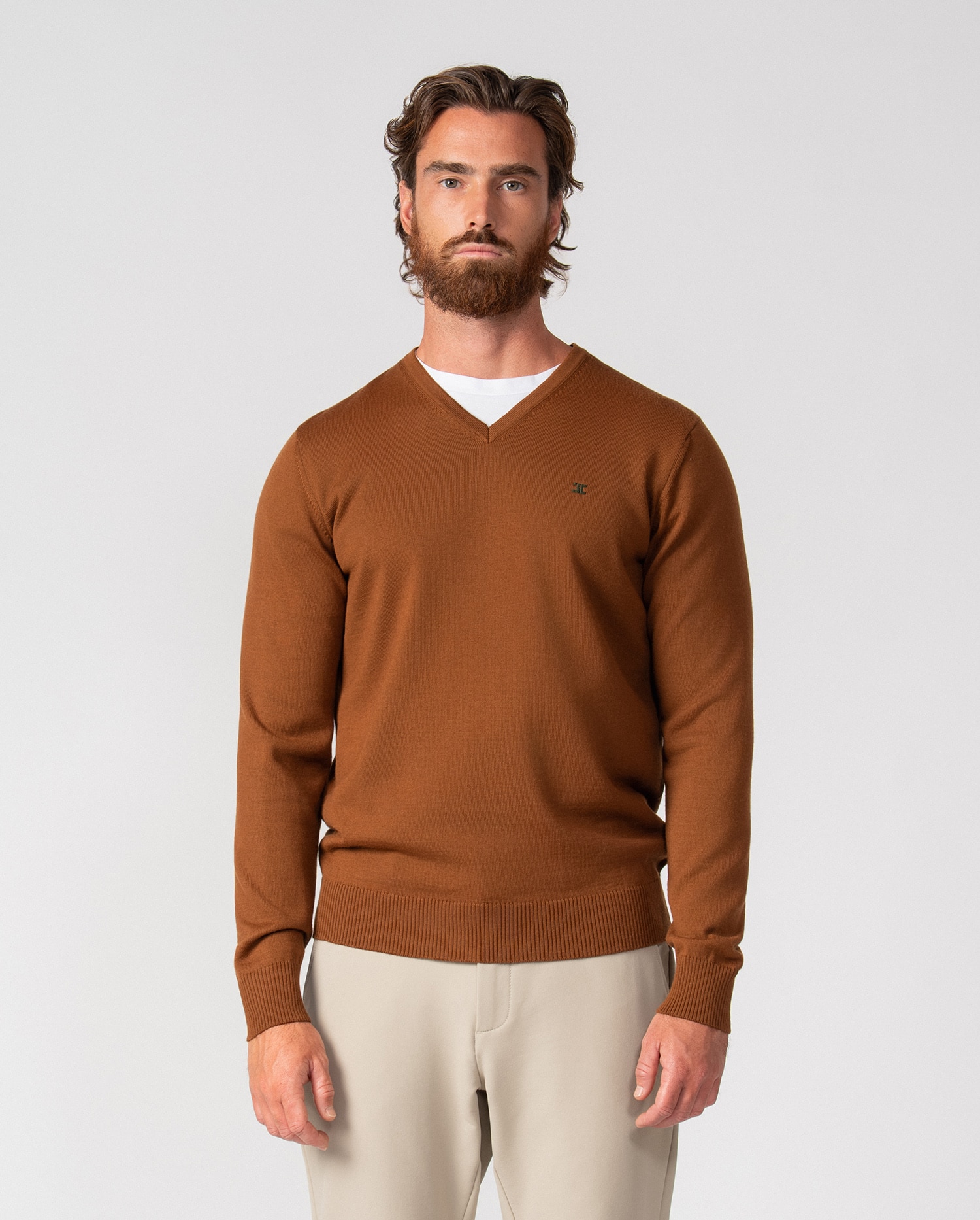 Jersey de hombre de cuello pico en punto tricot - Etiem - Marrón Marrón-3