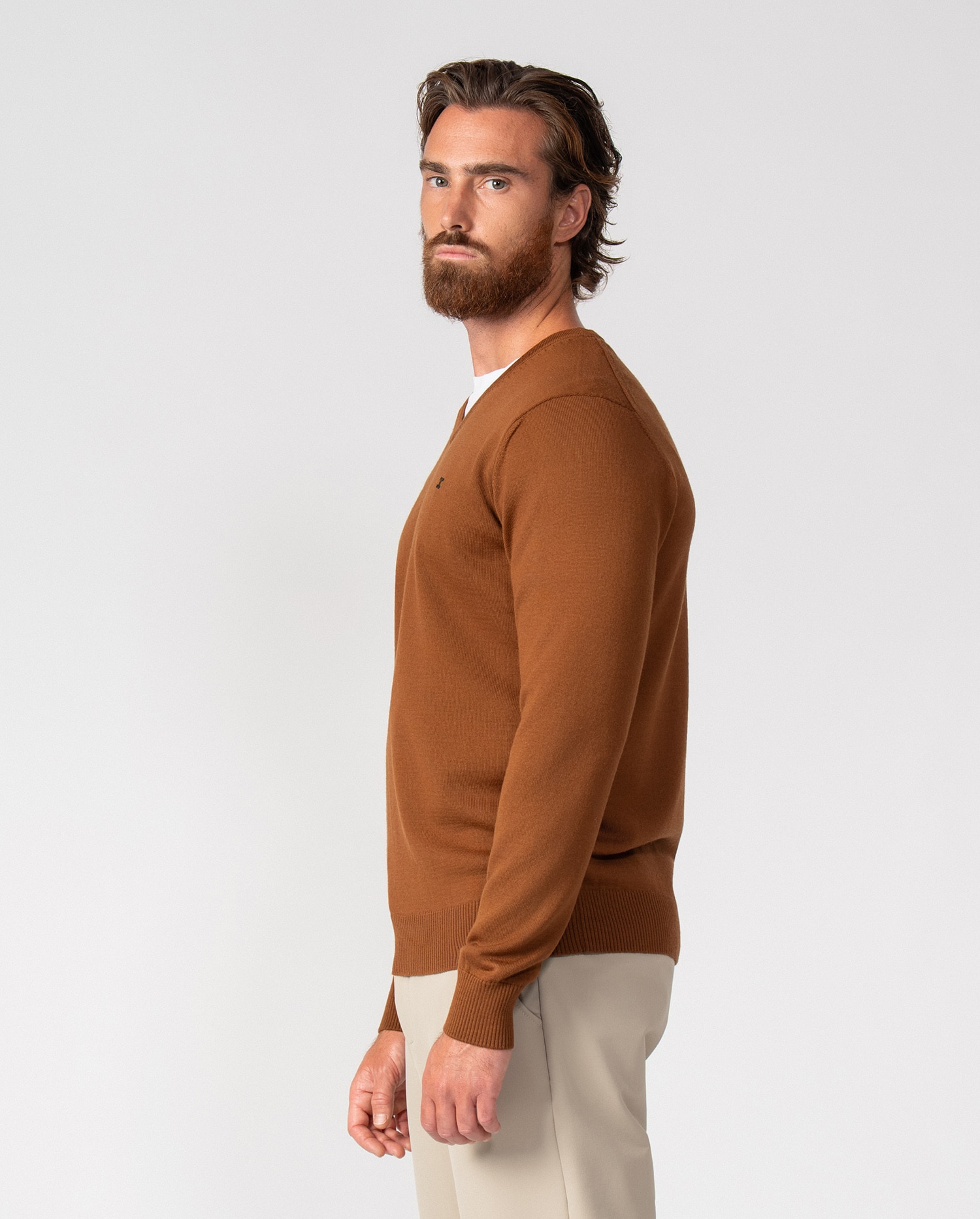 Jersey de hombre de cuello pico en punto tricot - Etiem - Marrón Marrón-4