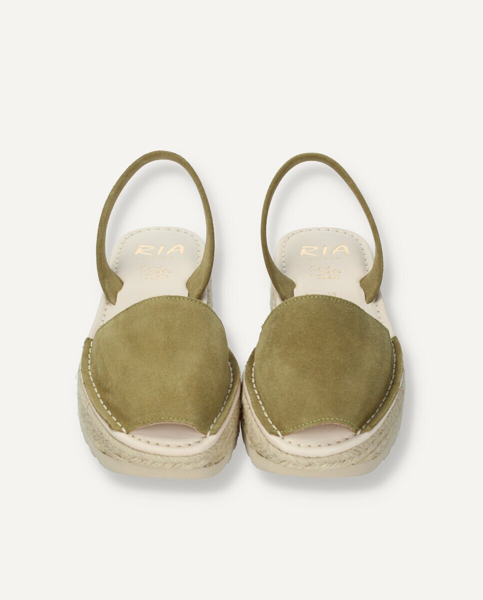 Menorquinas de mujer en piel de ante con plataforma de yute - Ria Menorca - Verde militar Verde militar-3